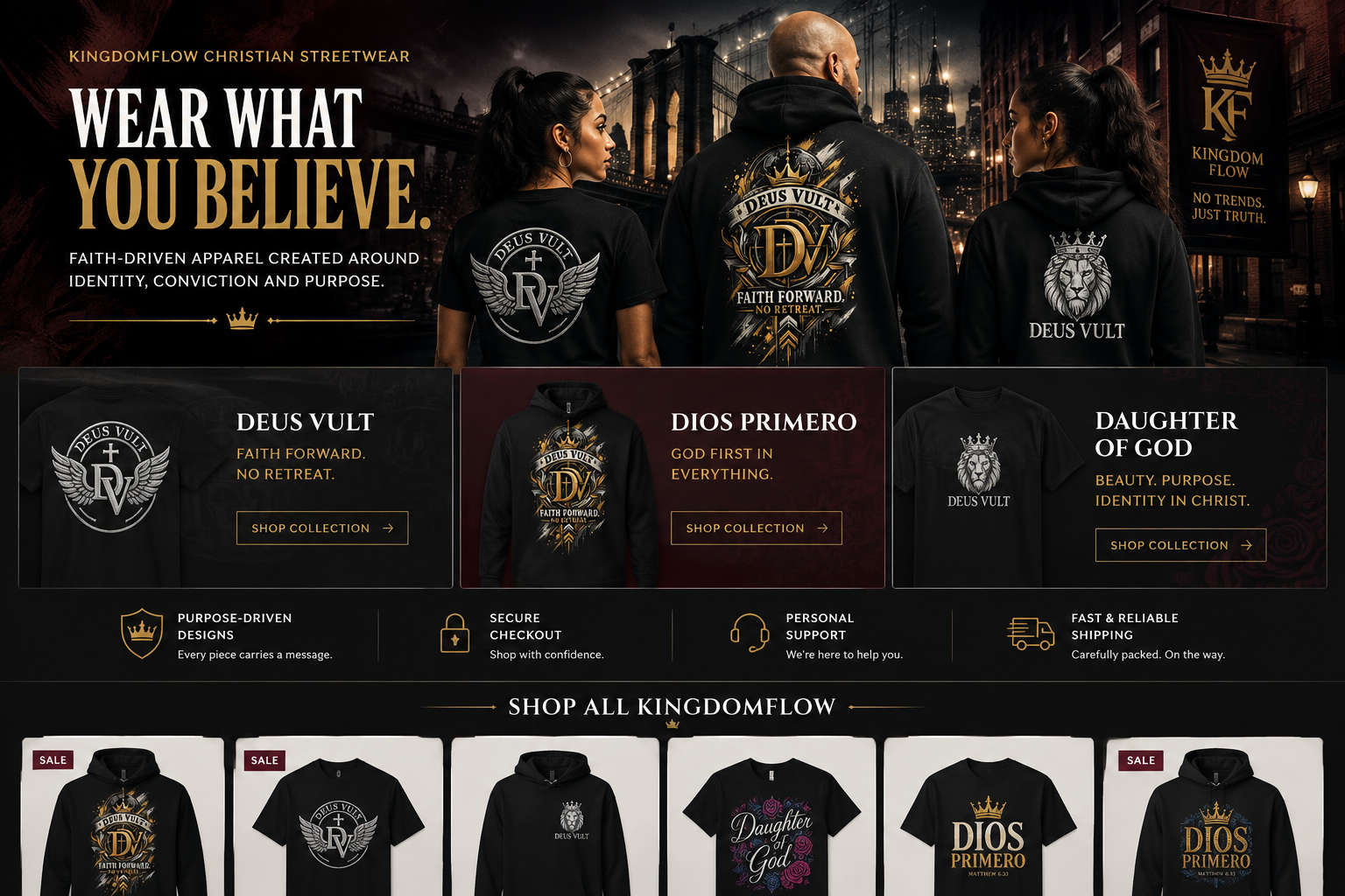 KingdomFlow Christian streetwear hero featuring Chosen By God, Dios Primero and Deus Vult collections